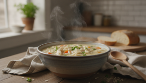 Sopa de arroz con pollo y verduras servida en un cuenco casero