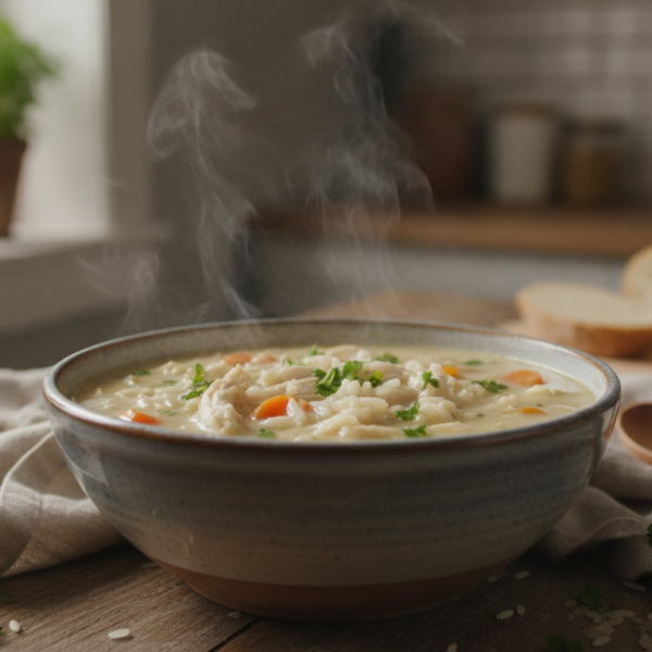 Sopa de arroz con pollo y verduras servida en un cuenco casero