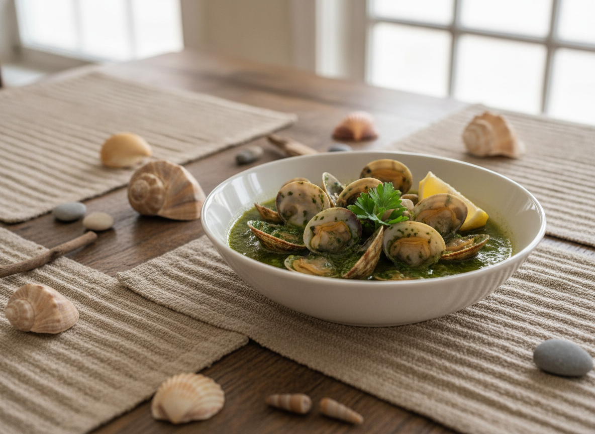 Almejas en salsa verde servidas en una mesa con decoración marina