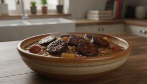 Lentejas guisadas con morcilla en plato hondo