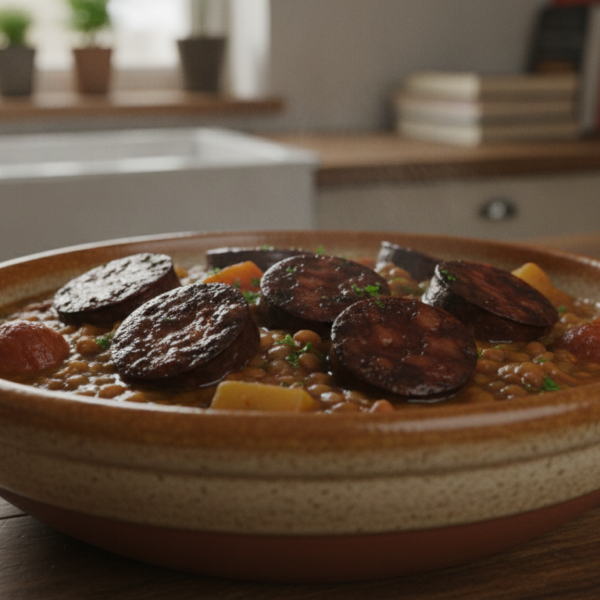 Lentejas guisadas con morcilla en plato hondo