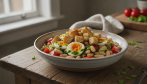 Ensalada de judias blancas con vinagreta y picatostes