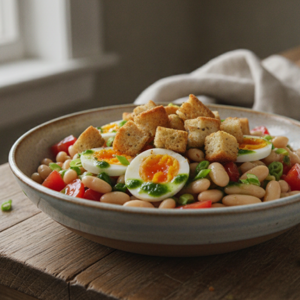 Ensalada de judias blancas con vinagreta y picatostes