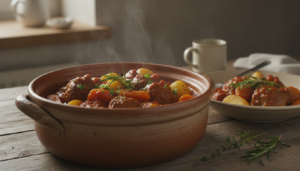 Guiso de cordero con verduras y salsa picante en olla de barro