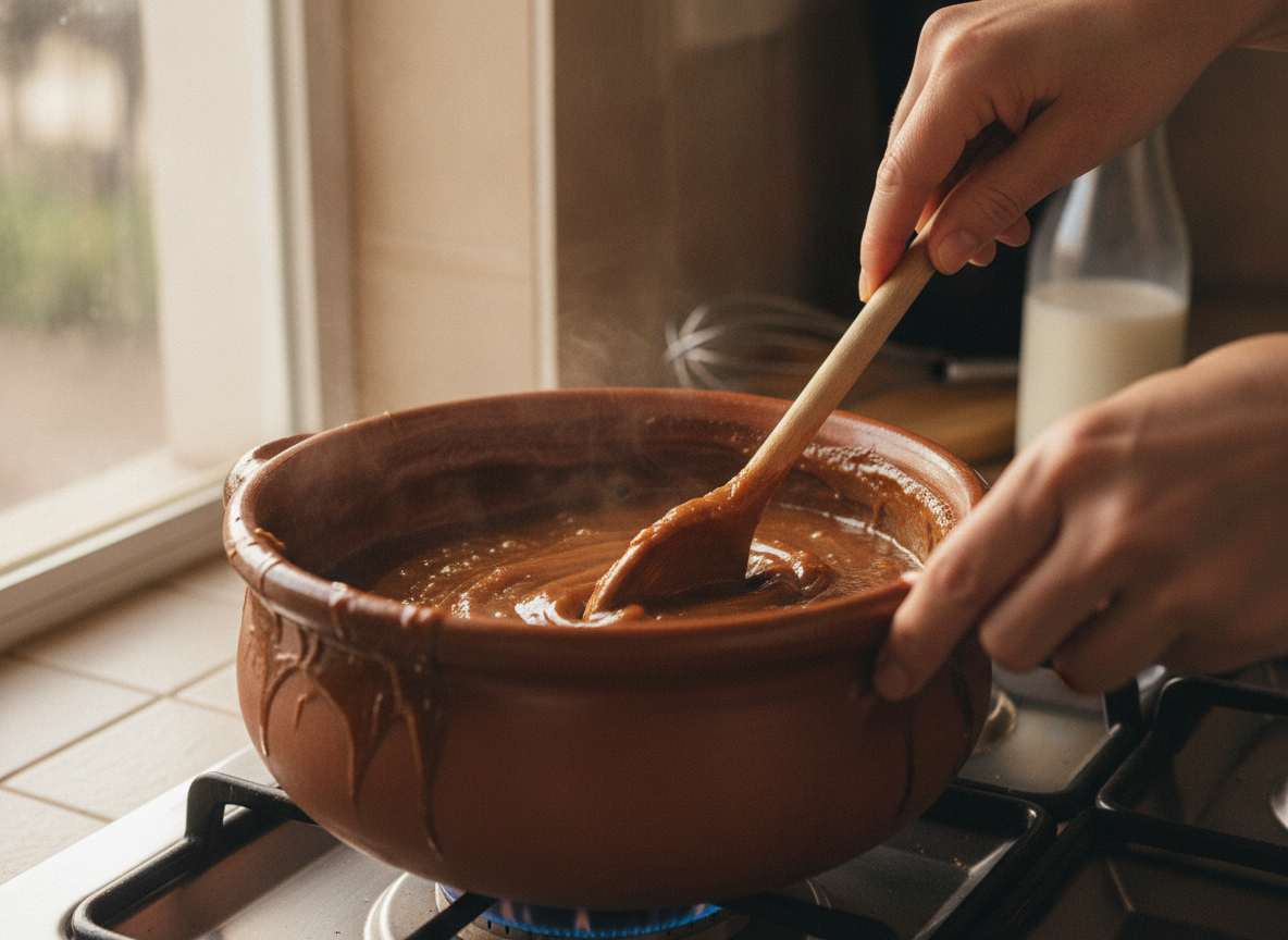 Removiendo el dulce de leche mientras espesa a fuego lento