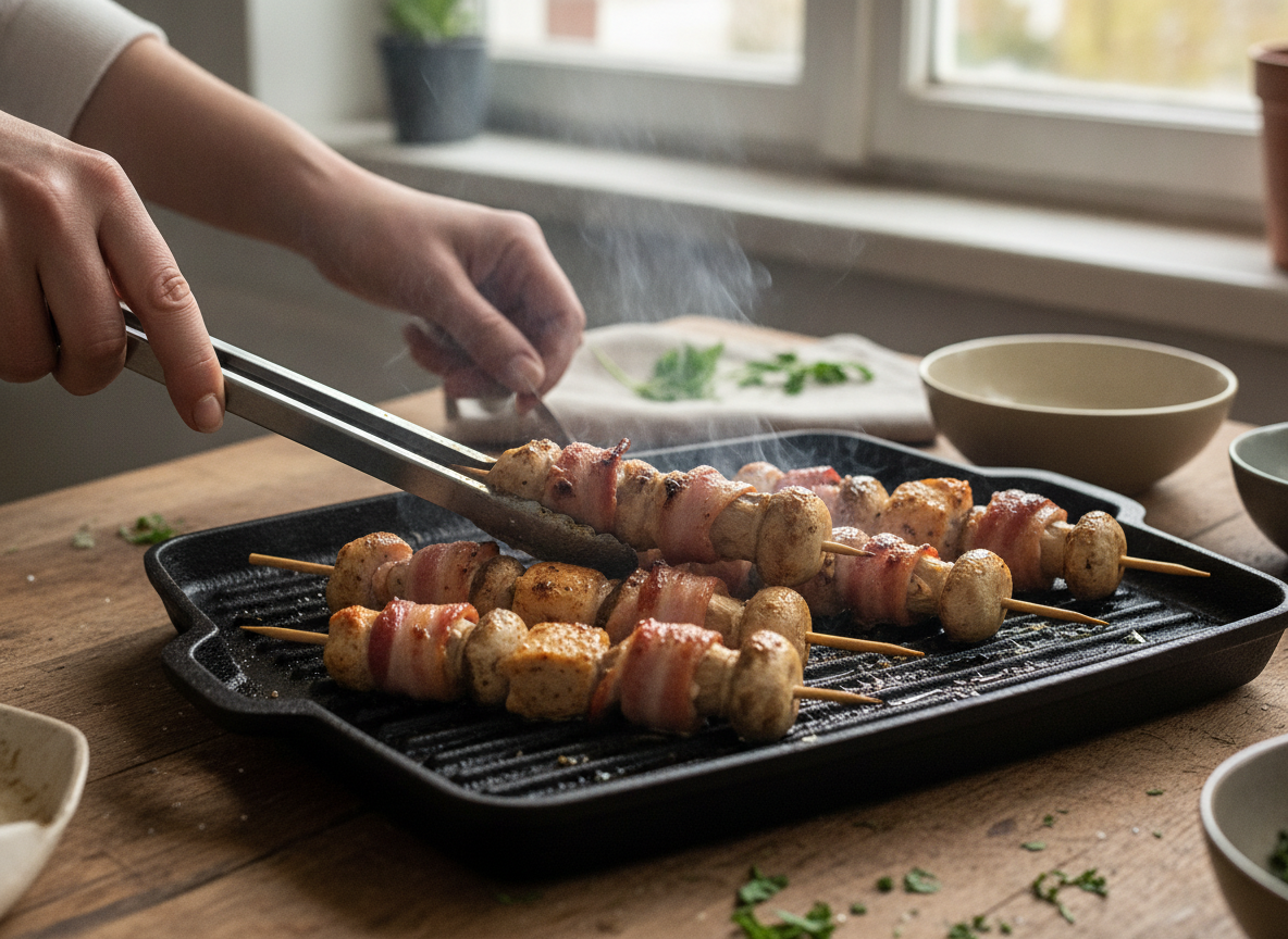 Brochetas de champiñones y pollo con bacon a la plancha 2 Brochetas cocinándose a la plancha