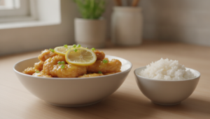 Pollo al limón estilo chino con salsa brillante servido con arroz