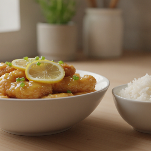 Pollo al limón estilo chino con salsa brillante servido con arroz