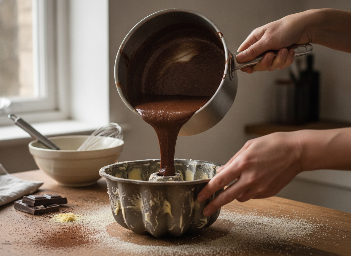 Vertiendo la mezcla de chocolate y polenta en el molde de budin