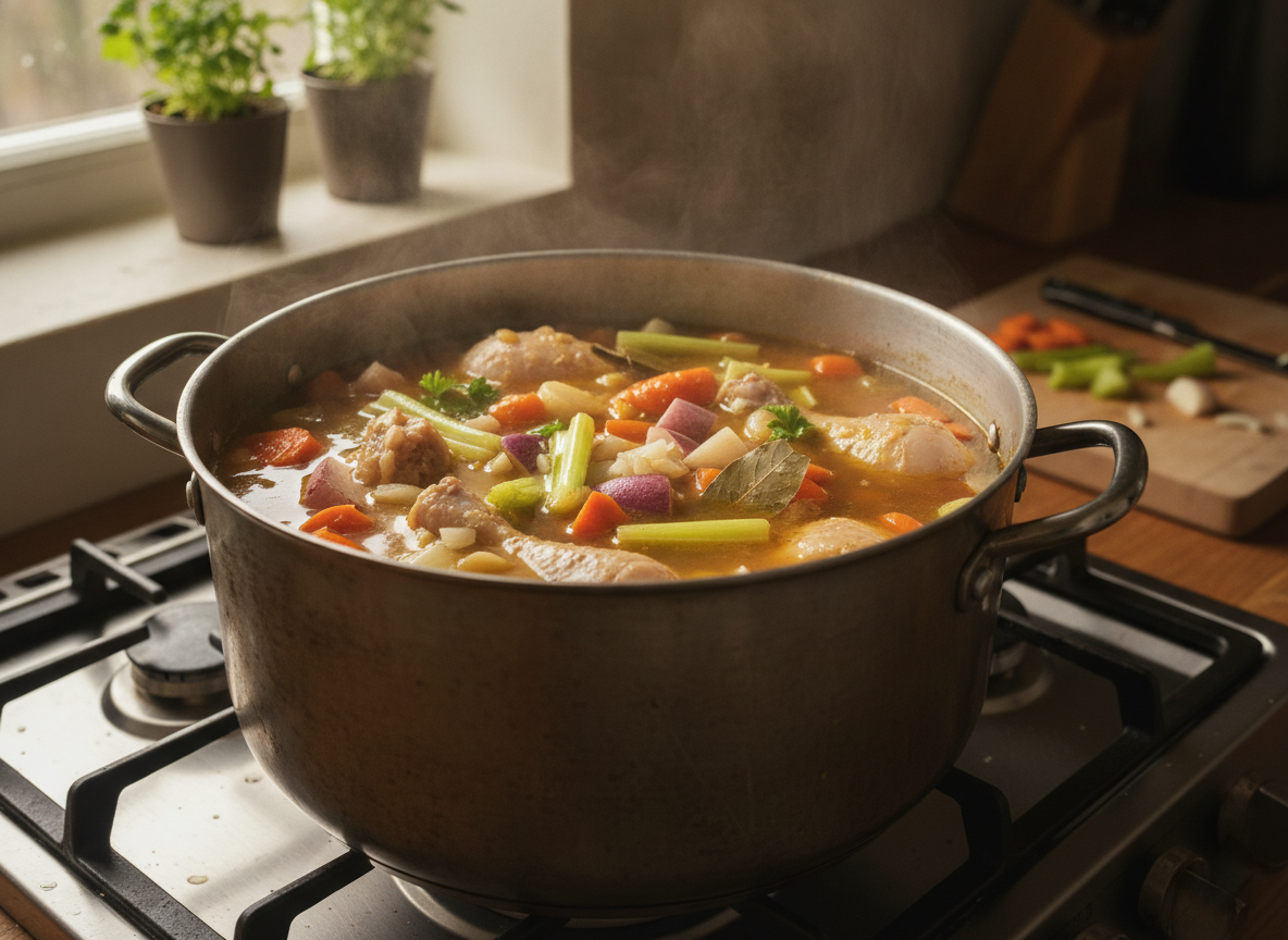 Verduras y pollo cociendo en el caldo para la sopa