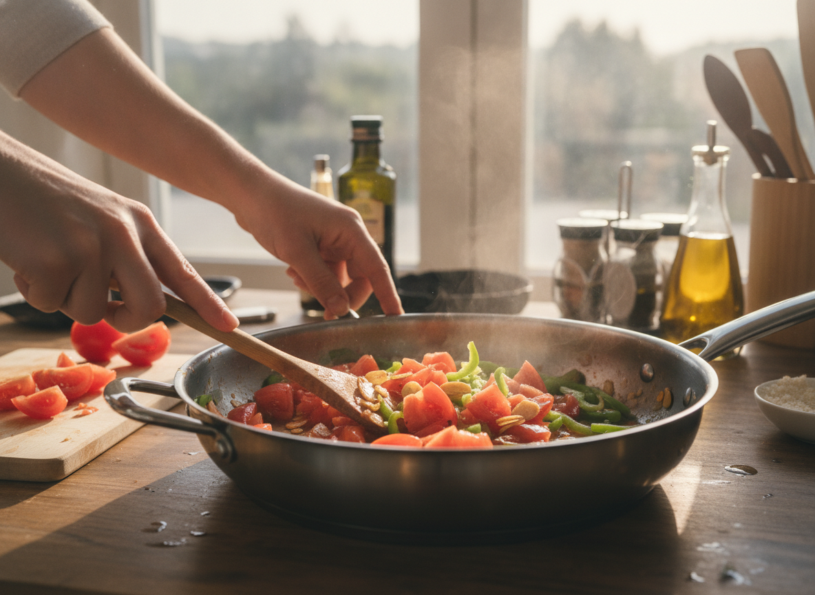 Panaché de verduras con tortilla: receta vasca de aprovechamiento 2 Añadiendo el tomate troceado al sofrito de ajo y pimiento
