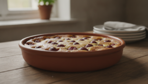 Clafoutis de cereza recién horneado en molde de barro