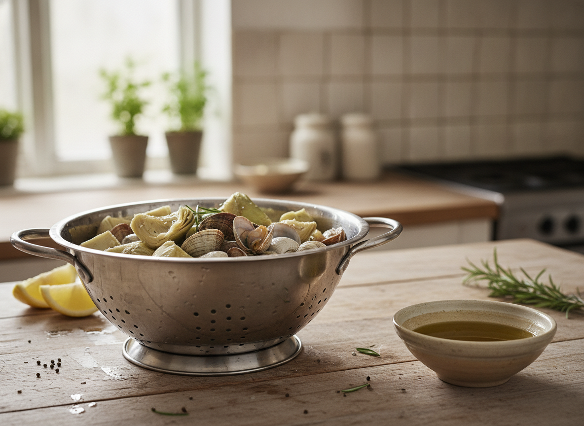 Alcachofas limpias y berberechos frescos listos para cocinar