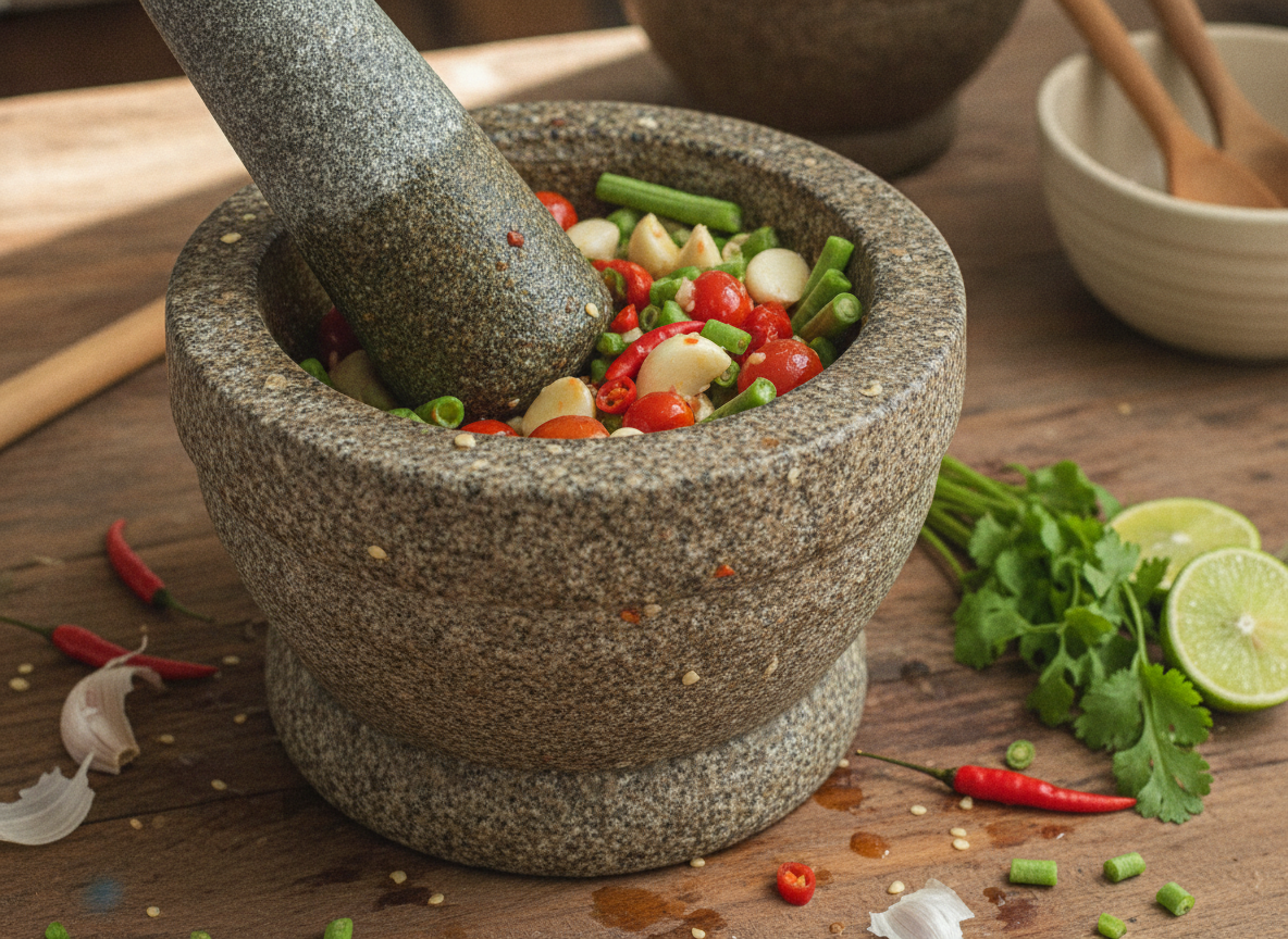 Ensalada de papaya verde tailandesa: receta som tam 1 Mortero machacando ajo, chile, judías y tomates cherry para el som tam