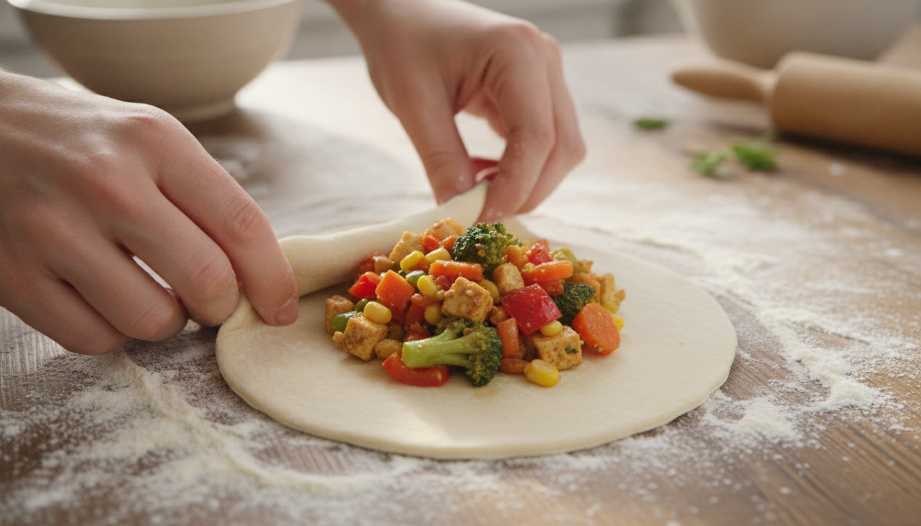 Rellenando y cerrando las obleas de empanadillas con el salteado de verduras y tofu
