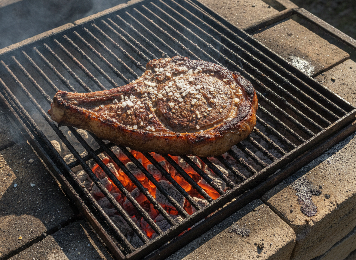 Chuleta de buey asandose sobre la parrilla con sal gorda
