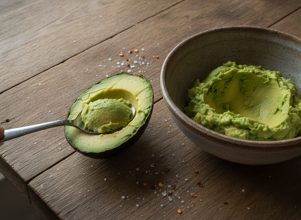 Aguacates rellenos de salmón ahumado: receta fácil 1 Aguacate vaciado con cuchara para rellenar