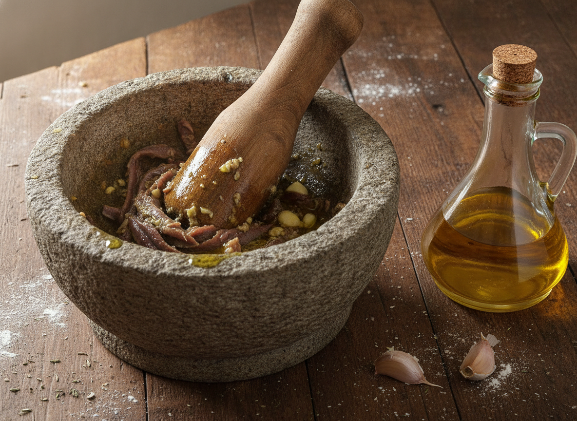 Machacando el ajo, las anchoas y la guindilla en el mortero