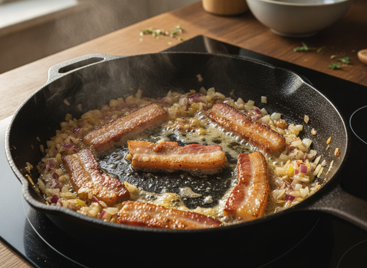 Butifarra con alubias blancas: receta catalana casera 1 Sofrito de bacon y cebolla para la butifarra con alubias