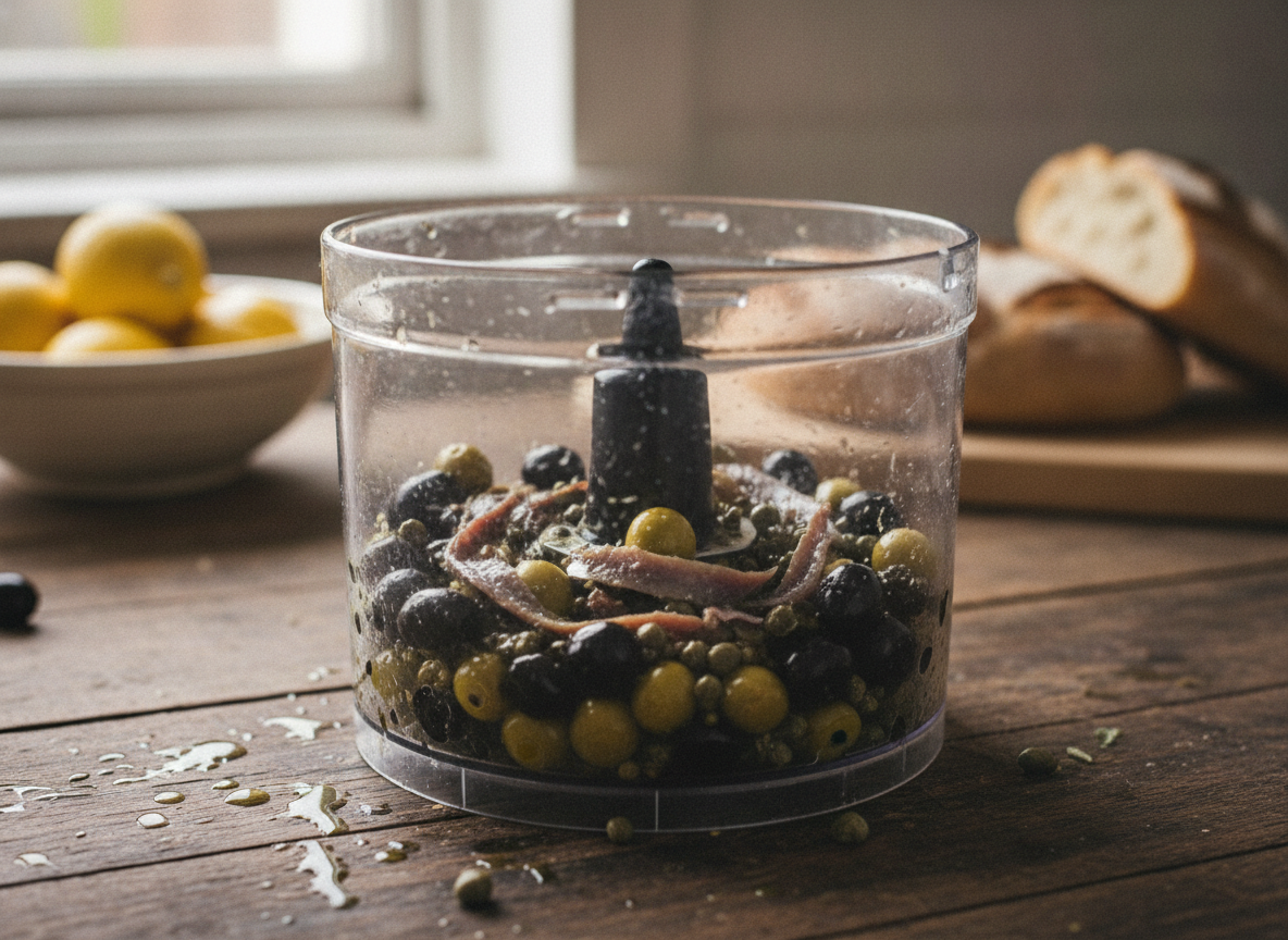 Espaguetis con anchoas y aceitunas trituradas: salsa fina y sabrosa 1 Triturando las aceitunas negras, verdes y anchoas para la salsa