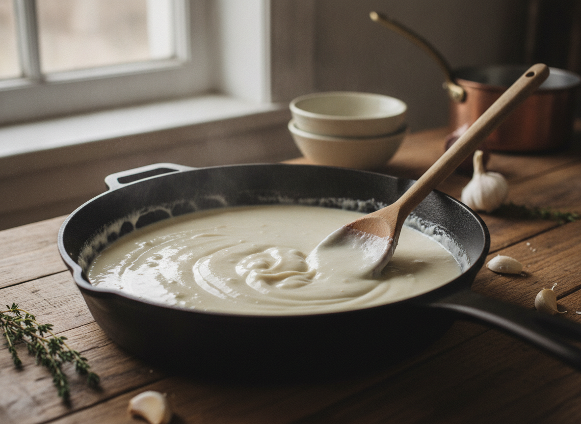 Reduciendo la crema de leche con ajo para el solomillo ibérico