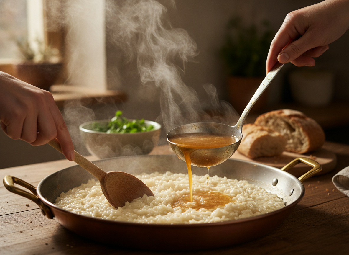 Añadiendo el caldo caliente poco a poco al arroz