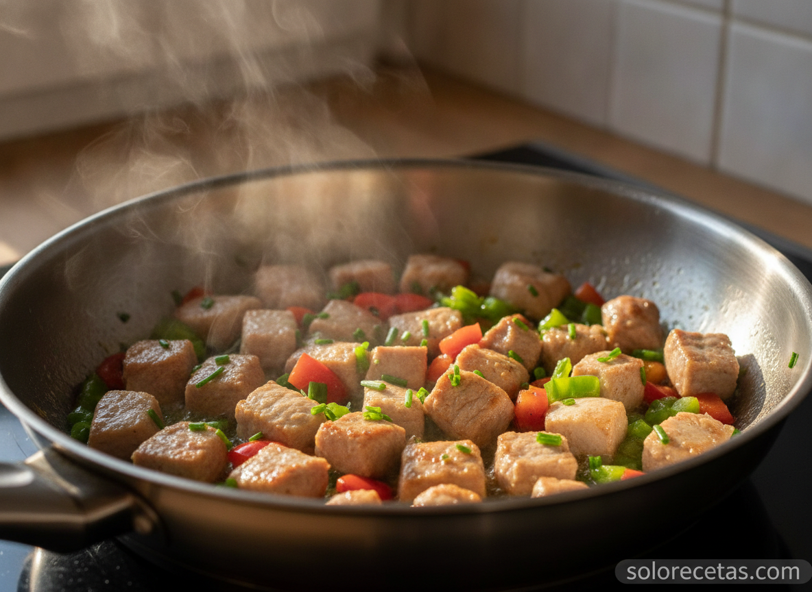 Ensalada de pasta y piña con cerdo: receta fría de verano 2 Salteando el cerdo y los pimientos en la sartén