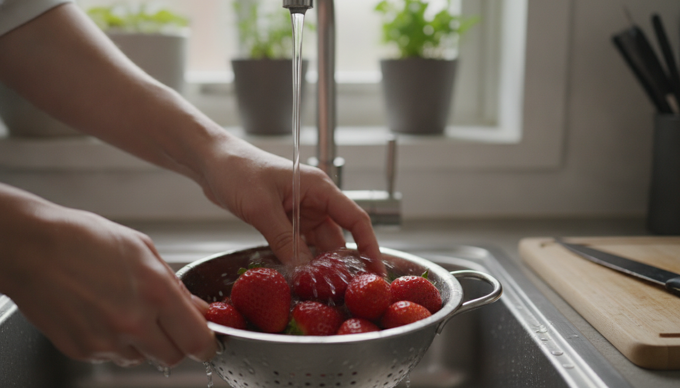 Lavando fresas frescas bajo el grifo para el sorbete