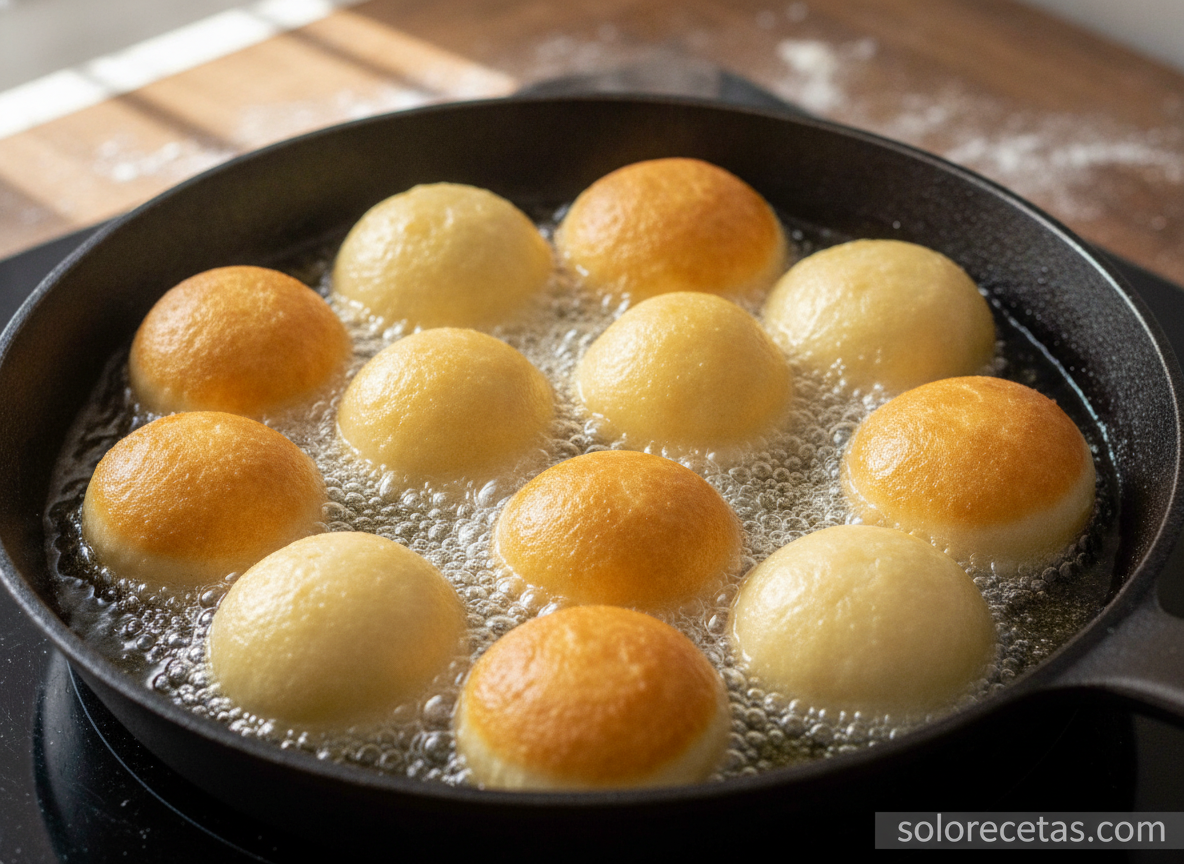 Bombolinis friéndose en aceite hasta dorarse