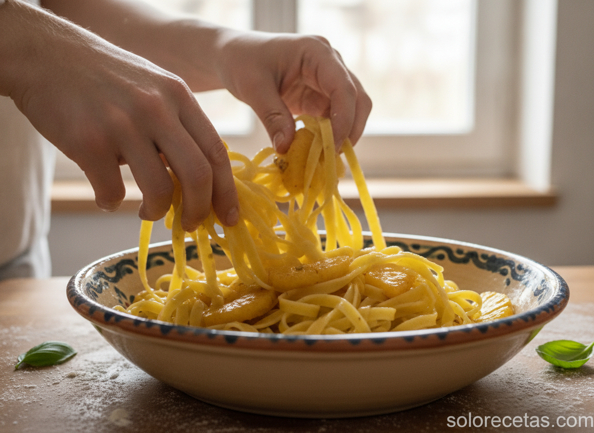 Ensalada de pasta y piña con cerdo: receta fría de verano 1 Mezclando la pasta con la piña y la vinagreta