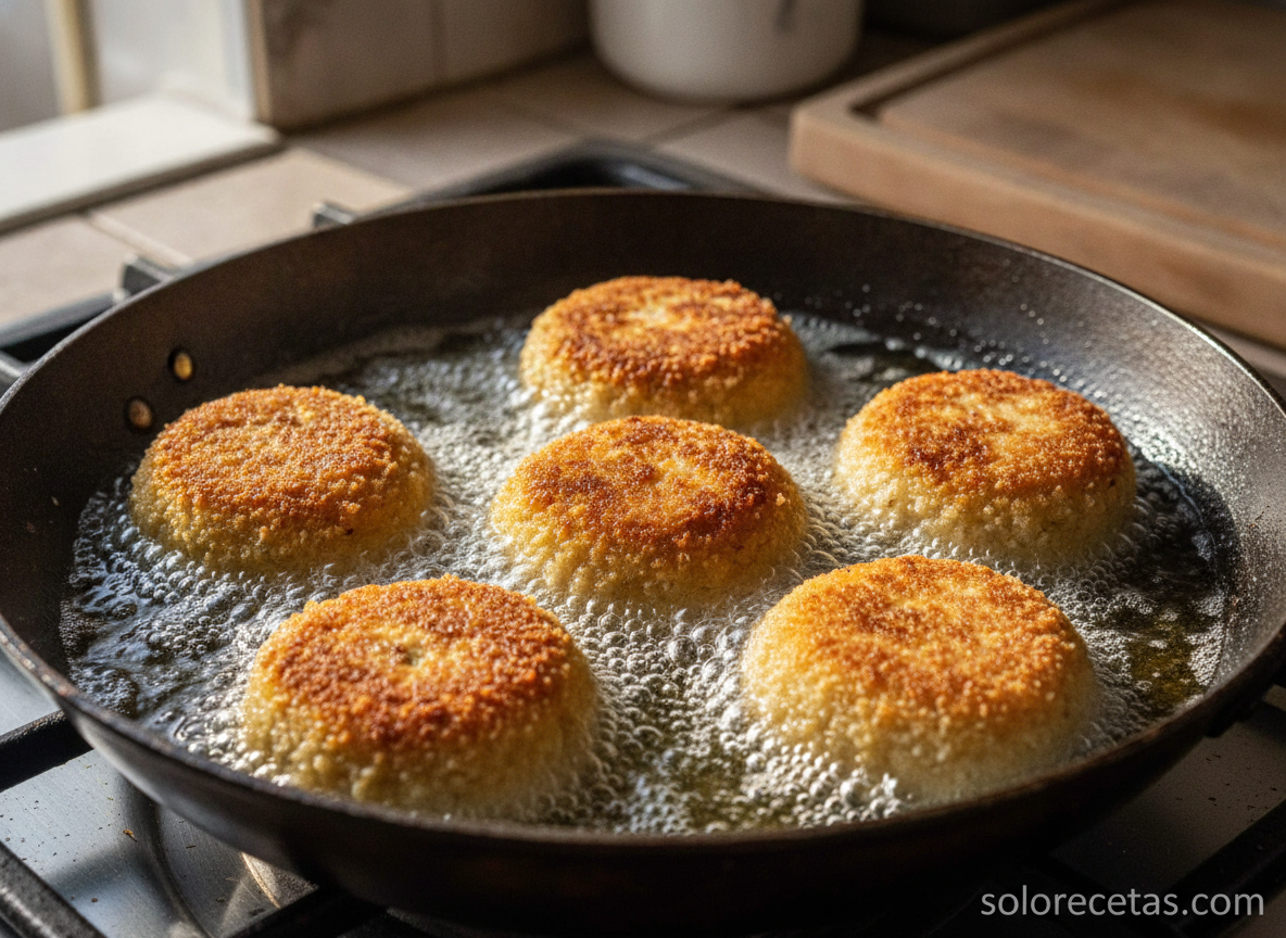 Croquetas de mejillones friéndose en aceite caliente