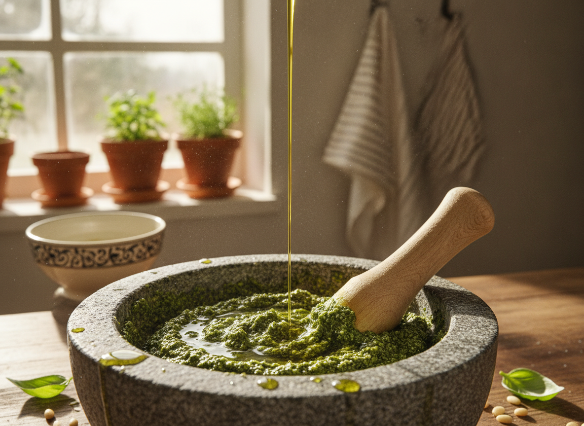 Añadiendo el aceite de oliva al pesto poco a poco