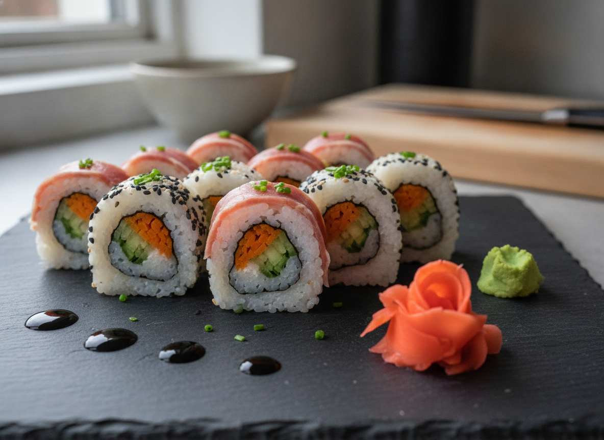 Sushi de verduras y jamón serrano: receta casera fácil 1 Piezas de sushi de verduras y jamón serrano recien cortadas
