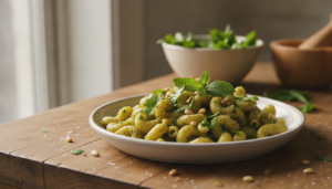 Macarrones al pesto de perejil y menta con piñones tostados