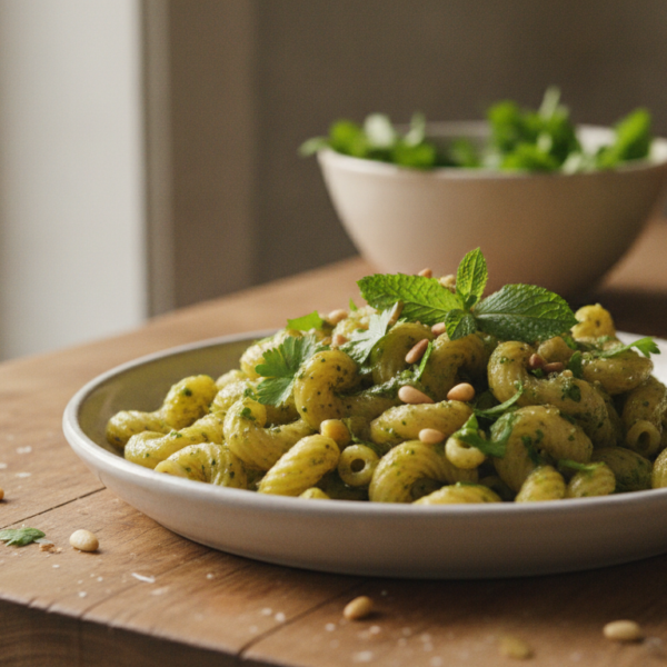 Macarrones al pesto de perejil y menta con piñones tostados