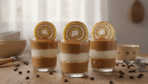 Mousse de café con requesón en copas con pionono
