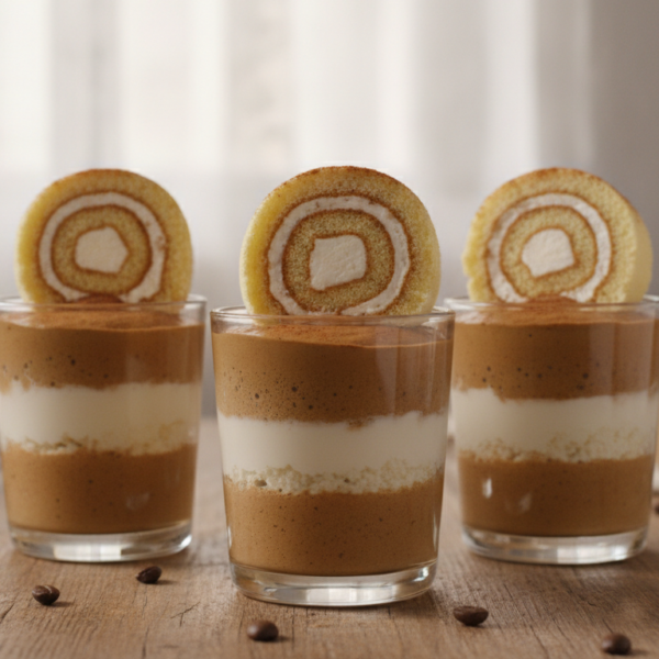 Mousse de café con requesón en copas con pionono