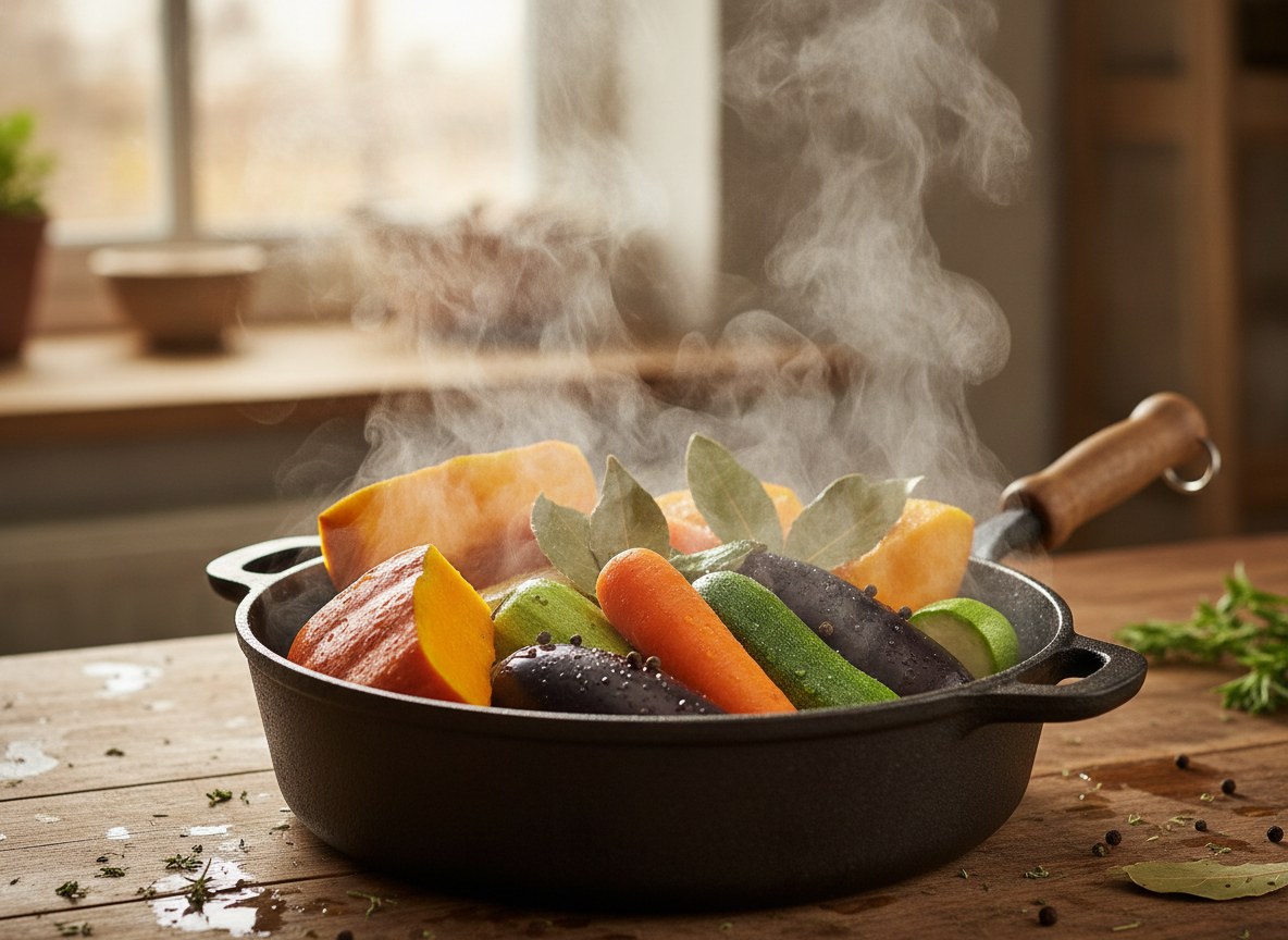 Panaché de verduras con tortilla: receta vasca de aprovechamiento 1 Verduras cociéndose al vapor con laurel y pimienta