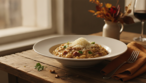 Risotto de castañas cremoso servido en un bol blanco con parmesano rallado