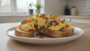 Huevos revueltos con champiñones y pimiento rojo servidos sobre tostadas