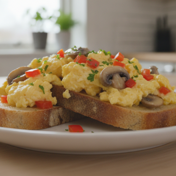 Huevos revueltos con champiñones y pimiento rojo servidos sobre tostadas