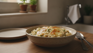 Arroz cremoso al cava servido en un bol de cerámica