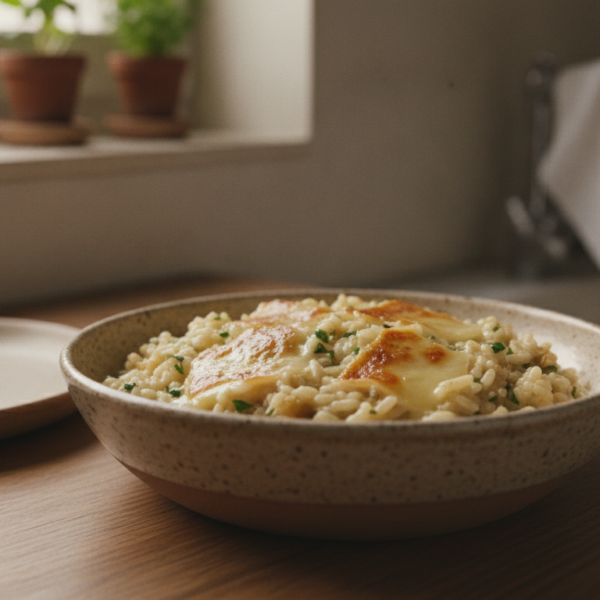 Arroz cremoso al cava servido en un bol de cerámica