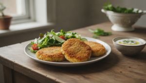 Escalopes de verdura crujientes con ensalada y salsa de yogur