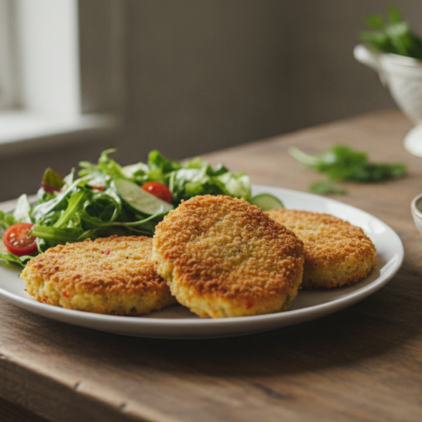 Escalopes de verdura crujientes con ensalada y salsa de yogur