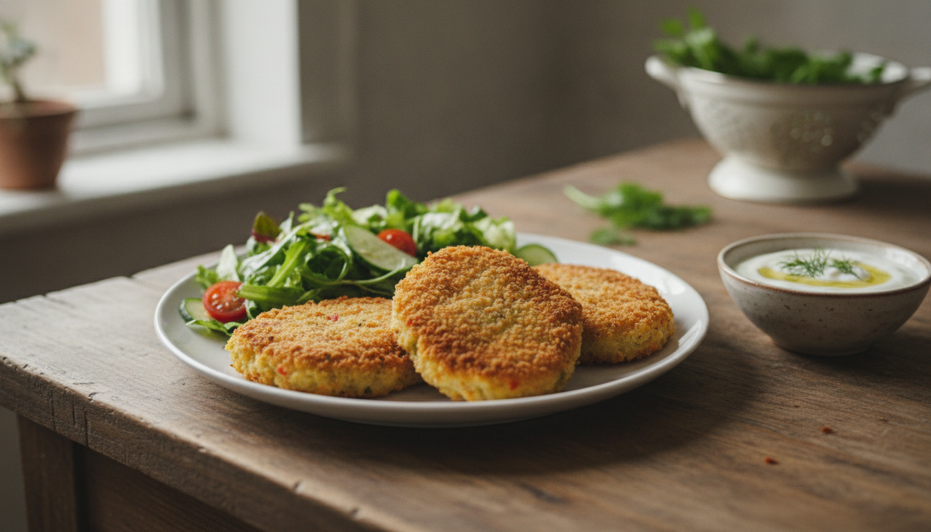 Escalopes de verdura crujientes con especias 2 Escalopes de verdura crujientes con ensalada y salsa de yogur