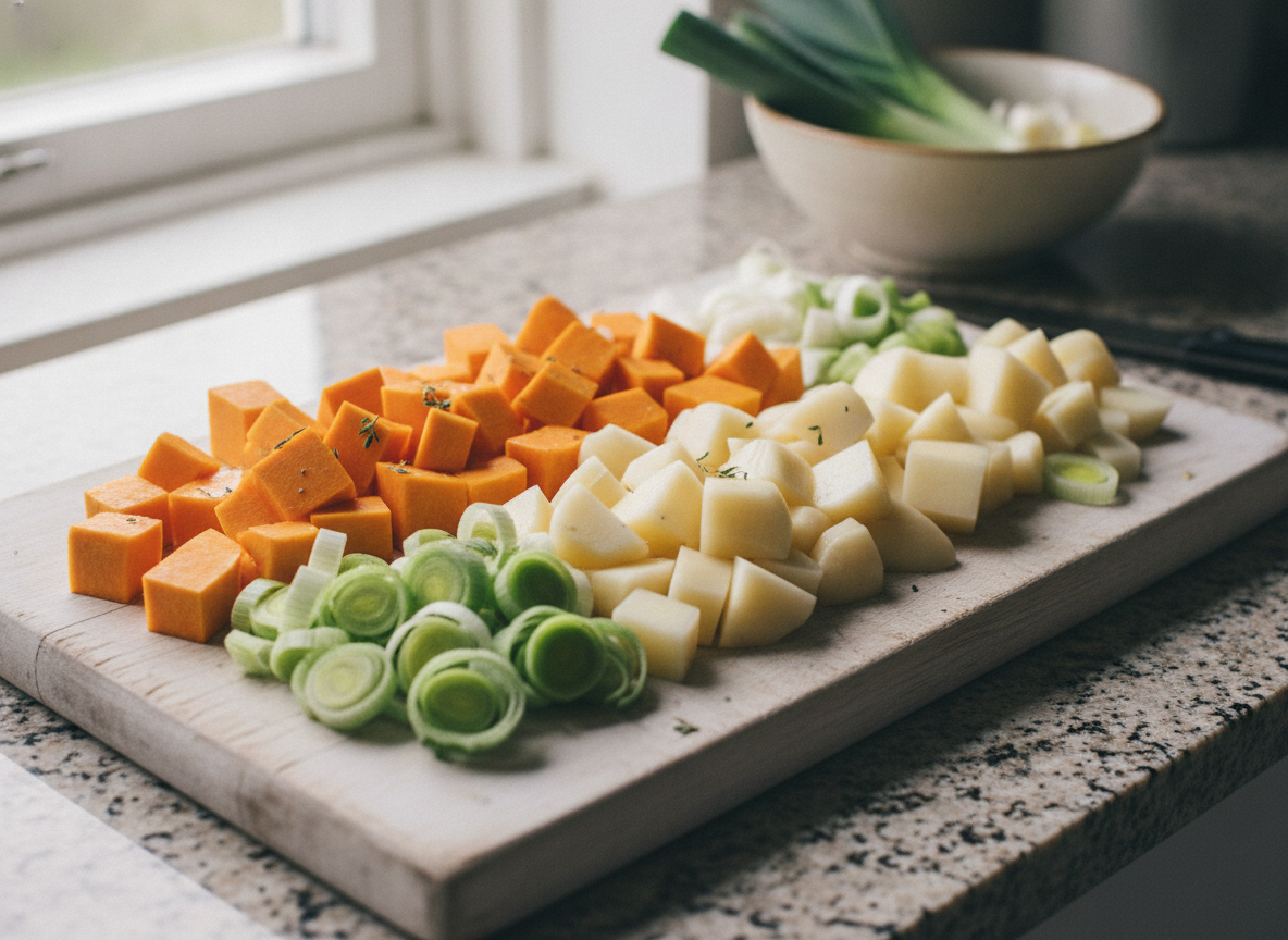 Calabaza, patatas y puerros troceados para la sopa