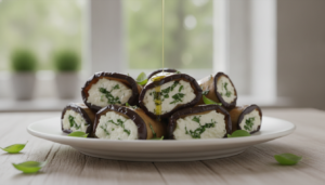 Rollos de berenjena rellenos de queso de cabra y albahaca