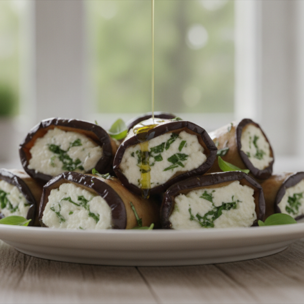 Rollos de berenjena rellenos de queso de cabra y albahaca