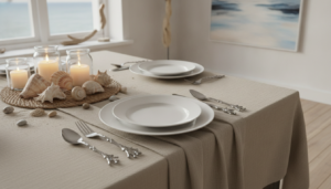 Mesa decorada con temática marina, cubiertos con forma de coral y conchas naturales